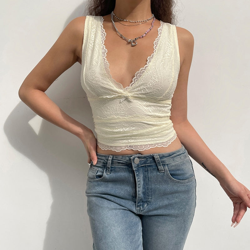Mojoyce  Y2K Sweet Cute V Neck Bodycon Sexy Tank Top Fashion 2000S Aesthetic Summer Cropped Vest Slim Bow Lace Top Women Cloth