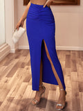 Mojoyce Sexy Royal Blue Whit Split Elastic Knit Pleated Midi Skirt AS02050