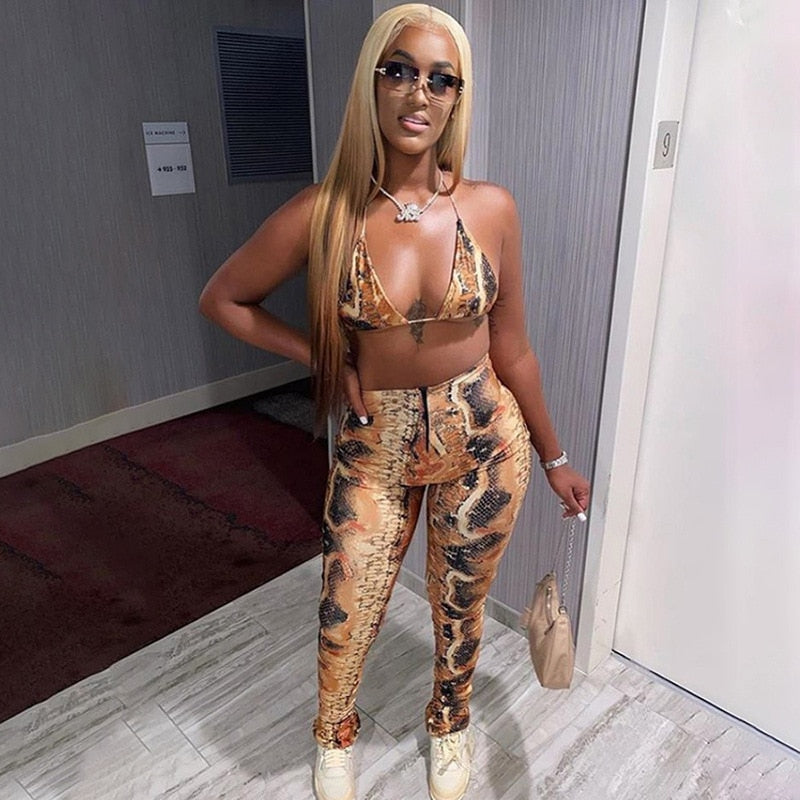 Mojoyce Fashion Printed Bra Crop Top and Pants 2 Piece Set Women Sexy Two Piece Club Outfits Matching Sets Sweat Suits