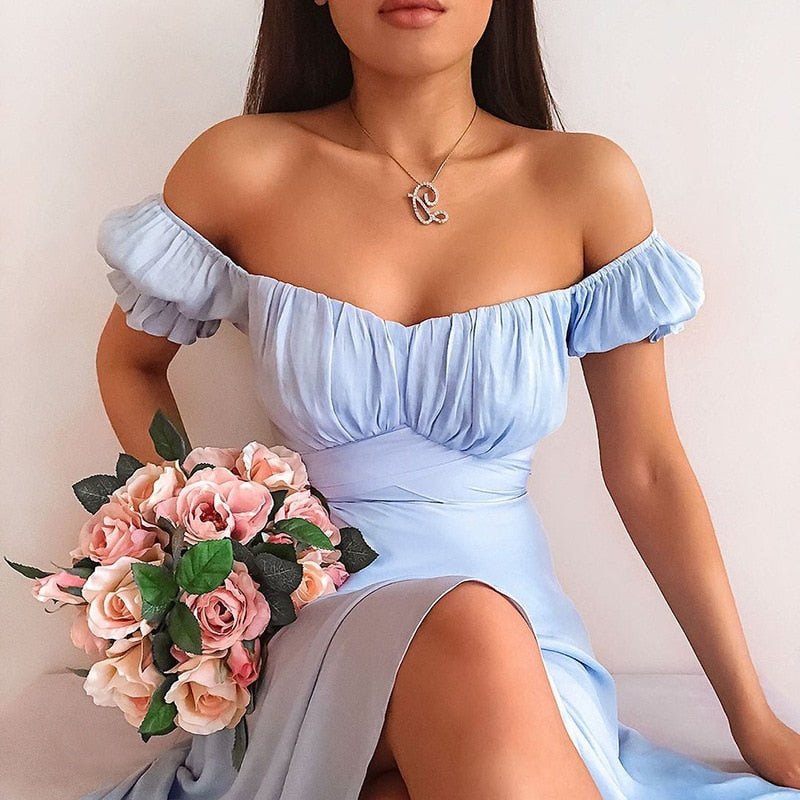 Mojoyce Sexy Puff Sleeve Off The Should Summer Dress Solid Color High Waist Sashes Elegant Long Party Dresses For Women 2022