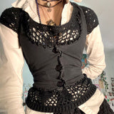 Mojoyce  Dourbesty Goth Ruffles Frill V Neck Mini Vest Punk Vintage Button Corset Top Sleeveless Skinny Waistcoats Grunge Fairycore Women