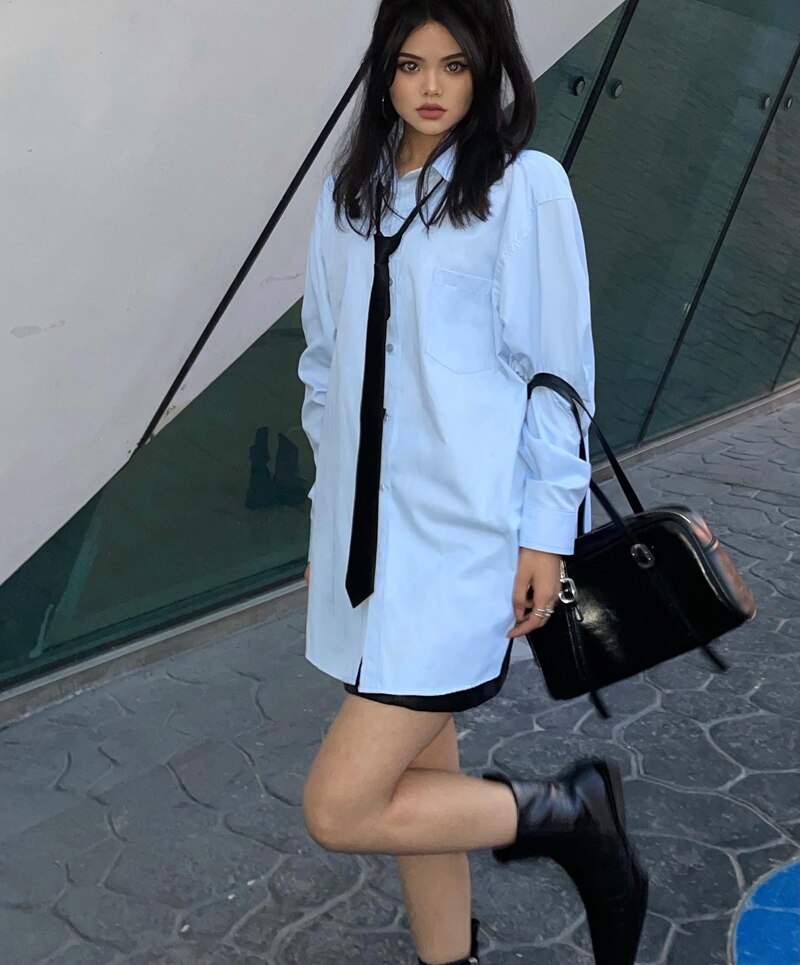 Mojoyce DIRTYLILY Cotton Long Sleeve Blouse Woman Button Up Shirt Loose Office Lady Tops Korean Fashion Light Blue Spring Oversize Tops