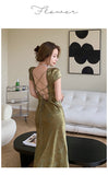 Mojoyce Elegant Women Green Satin Backless Mixi Dress Palace Short Sleeve Lace V-Neck Bandage Vintage Bodycon Dress Robe Summer Vestidos