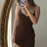 Mojoyce Vintage Brown Women Bodycon Dress Sexy V Neck Sleeveless Party Mini Dresses Solid Basic Backless Streetwear Outfits
