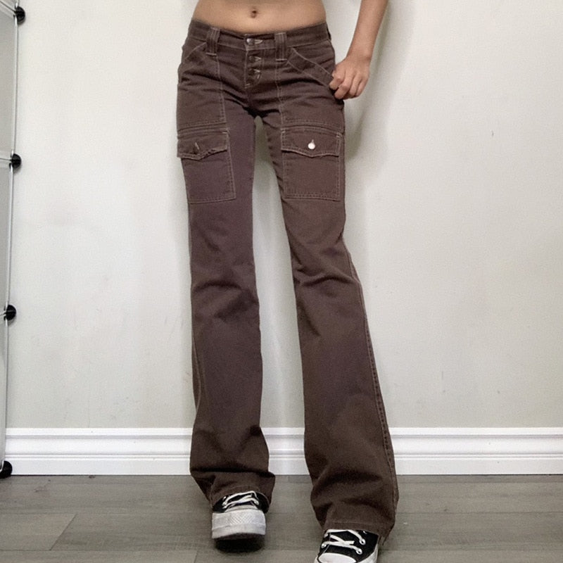 Mojoyce  Dourbesty Y2K Indie Aesthetics Vintage Low Waist Pants 2000S Low Rise Flare Jeans Grunge Fairy Retro Denim Trousers With Pockets