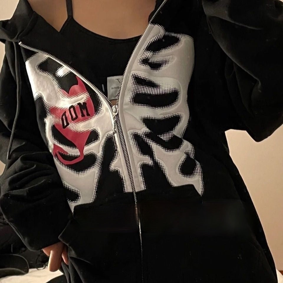 Mojoyce Y2K Harajuku Skeleton Hoodies Women Gothic Black Zip Up Oversized Sweatshirt 2023 Female Retro Harajuku Hooded Jacket Streetwear