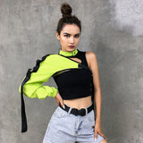 Mojoyce Heyoungirl Neon Green One Shoulder Off Halter Top Harajuku Black Reflective Tshirt Women Hip Hop Street Wear Tee Shirt Femme