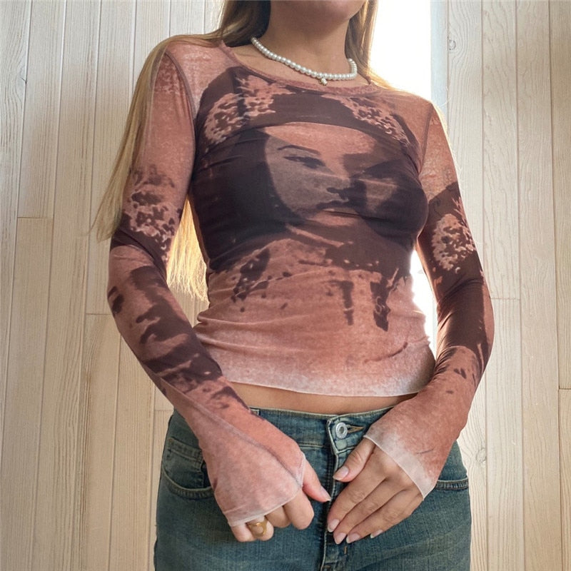 Mojoyce  Dourbesty Graphic Print Green Mesh Sheer T-Shirt Long Flare Sleeve Slim Crop Tops See Trough Women Tops Y2K Vintage Grunge