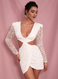 Mojoyce Sexy White Deep V-neck Open back Cross glitter glued Material Slim Fit Party Dress LM82065