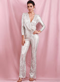 Mojoyce Sexy Silver Deep V-neck Draped Elastic Sequins bodycon Long Sleeve Party Jumpsuit LM82187