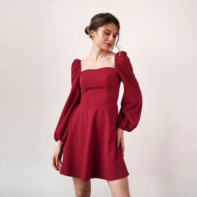 Mojoyce Casual Square Neck Puff Sleeve A-Line Dress Autumn Backless High Waist Elegant Vintage Party Mini Dresses For Women