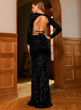 Mojoyce Sexy Round Neck Open Back Cross Straps Black Elastic Sequins Long Sleeve Top LM83015-T
