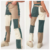 Mojoyce Patchwork Women's Jeans Bicolor Straight Leg Casual Long Pants High Waist Denim Jeans Y2K Fashion Pencil Trousers XXL