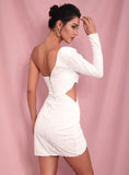 Mojoyce Sexy White Cut Out Single Sleeve Glitter Glue Bead Material Bodycon Party Dress LM81650