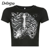 Mojoyce Darlingaga Mall Goth Skeleton Print Dark Women's T-Shirts Y2K Bodycon Punk Harajuku Crop Top Gothic Clothes Tee Shirt Femme 2022