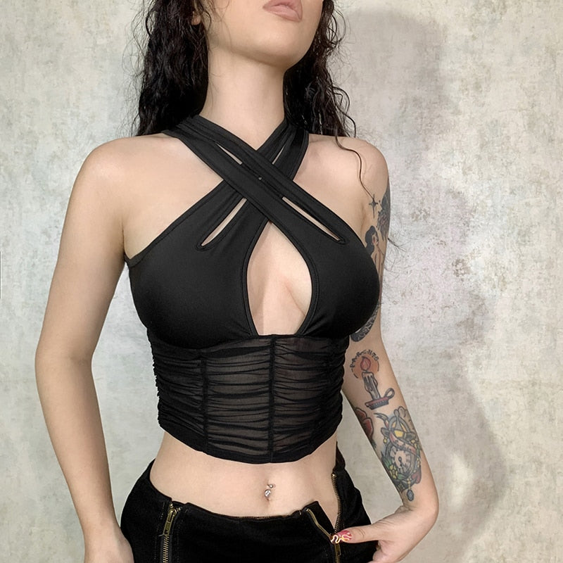 Mojoyce   Fashion Black Sexy Crop Top Women Mesh Ruched Skinny Tank Tops Club Party Vest Cut Out Criss-Cross Transparent Gothic