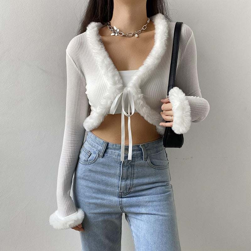 Mojoyce Autumn Winter Faux Fur Trim Long Sleeve T-Shirts Front Tie Up Knitted T Shirt Women Cardigan Cropped Top Tee New