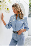 Mojoyce Denim Light Blue Puff Sleeve Female Blouse Casual Stand Collar Mid-length Sleeve Women Shirt Spring Summer Office Blouse