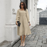 Spring Flare Sleeve Pleated Dress For Women 2022 New Slash Neck Solid Medium Long High Wasit Party Dresses Female Casual