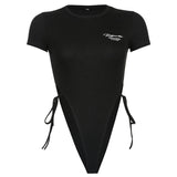 Mojoyce Tie Up High Waist Dragon Print Bodysuit Black Short Sleeve Sexy Body Suit Romper Women Bodycon Short Jumpsuits New
