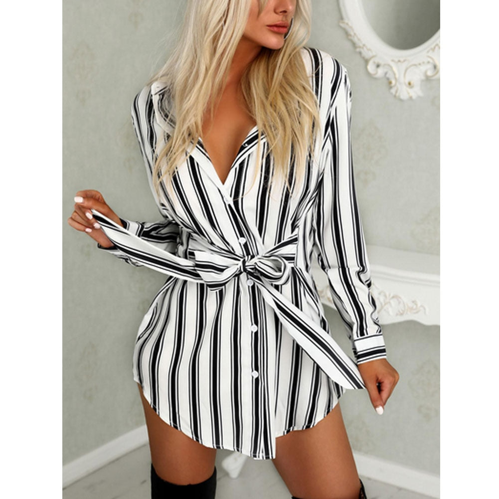 Mojoyce Sexy Womens Summer Long Shirt Belt Long Sleeve Striped Casual Party Mini Dress Straight V-Neck Ladies Tops Plus Size