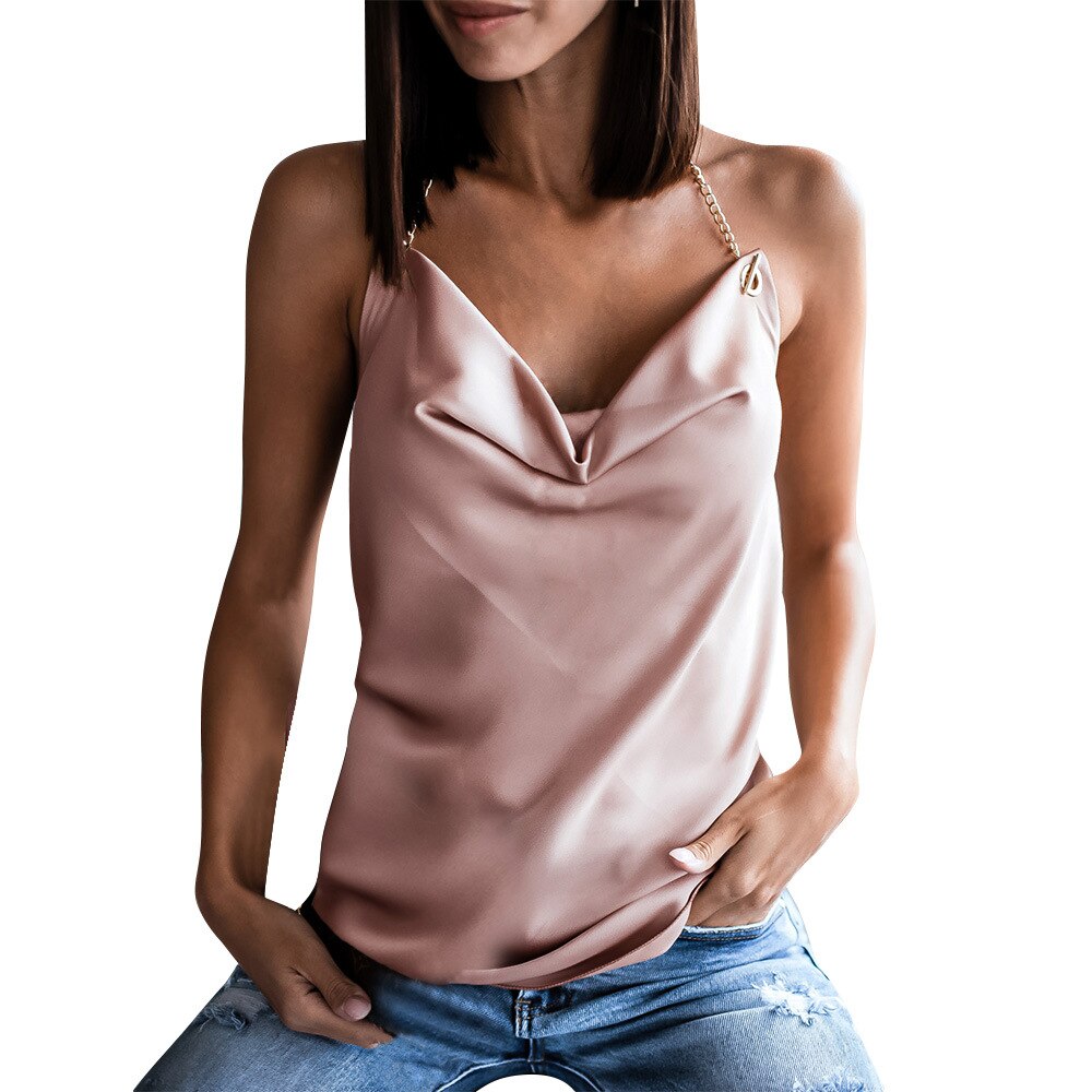 Mojoyce Women Tops Solid Backless Camis Shirts Summer Chain Halter V Neck Ruched Tank Tops Ladies Sleeveless Slim Sling Camisole
