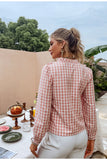 Mojoyce Holiday plaid summer blouse shirt light pink  Idyllic style ruffle female shirts  Stand collar long sleeve women's tops