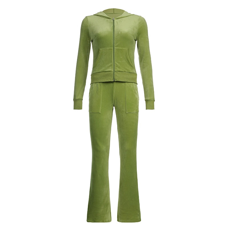 Mojoyce   Vintage Fashion Green Velour Autumn Tracksuit Women Zip Up Hoodie And Pants Suits Two Piece Set Workout Solid Outfits