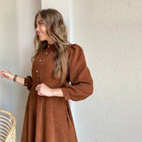 Mojoyce Casual O-Neck Button Folds Midi Dress Autumn Lantern Sleeve Corduroy Loose Office Lady A-Line Dresses For Women