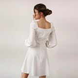 Mojoyce Square Collar Lantern Sleeve Backless Casual Dresses Autumn Sweet Loose Comfort A-Line Mini Dresses For Women