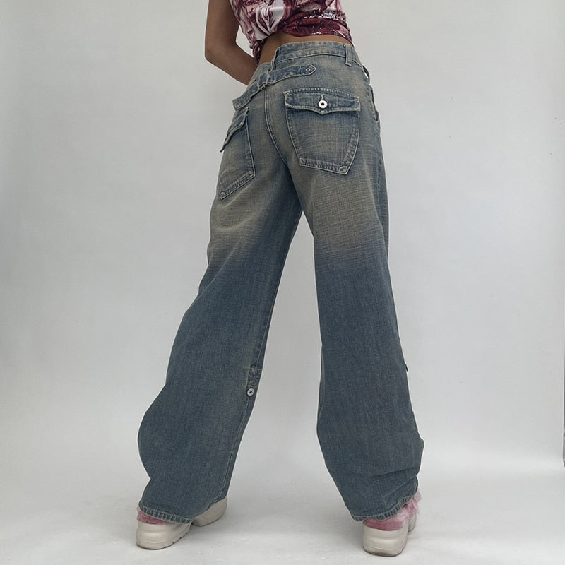 Mojoyce High Waist Female Washed Wide Leg Jeans Vintage Trendy Relaxed Fit Punk Denim Pants Hip Hop Wild Casual Trousers Street