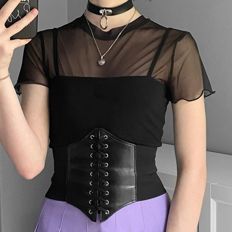 Mojoyce Gothic Dark Lace Up Crop Top Women Corset Belt Slim Cummerbunds PU Leather Top Harness Bustier Tops To Wear Out 2022