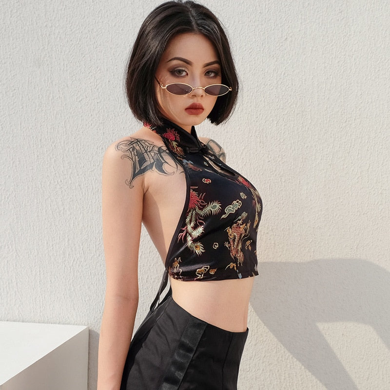 Mojoyce Chinese Qipao Style Sexy Women Cheongsam Halter Embroidery Backless Vest Top Bow Knot Tied Crop Top Tee