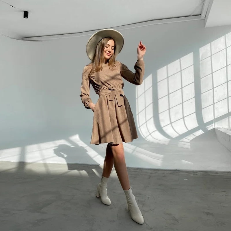 Mojoyce Casual O-Neck Belt Folds Knee Dress Autumn Long Sleeve Corduroy Loose Warm Office Lady A-Line Dresses For Women 2021