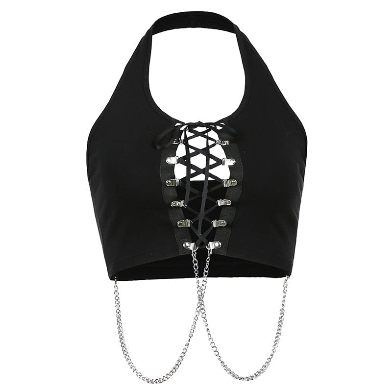 Mojoyce   Streetwear Goth Punk Style Dark Halter Top Women Lace Up Sexy Tank Top Backless Chain Vest Gothic Clothes Crop Tops