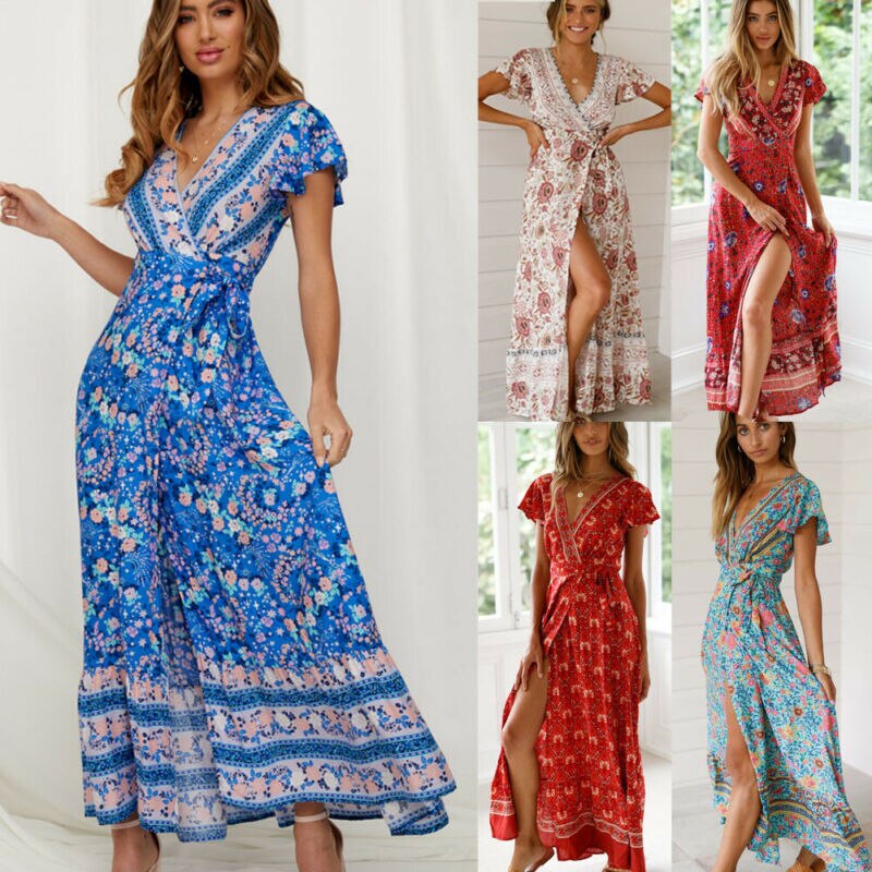 Mojoyce Women Bohemian V Neck Summer Maxi Dress Butterfly Short Sleeve Floral High Split Long Dress Wrap High Waist Bandage Sundress