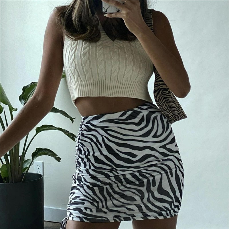 Mojoyce Women Bodycon Mini Skirts 2023 Summer High Waist Sexy  Fashion Zebra Print Side Drawstring Ruched Skirt Streetwear