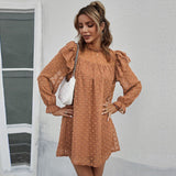 Mojoyce New Spring Summer Sweet Solid Dress Women Ruffles Full Sleeve Stand Collar Jacquard Sexy Short Dresses Ladies Holiday Style