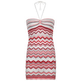 Mojoyce Vintage Wave Striped  Knitted Mini Dresses Aesthetic Cute Bodycon Halter Dress Summer Korean Cute Outfits Sexy Cuteandpsycho