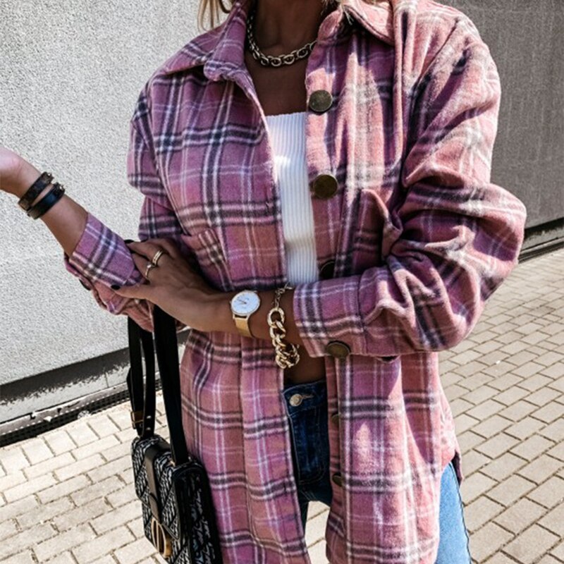 Mojoyce Women Autumn Long Sleeve Plaid Shirt Blouse Winter Casual Loose Thick Shirt Outfits Single Breasted Chic Tops Checked Blouse