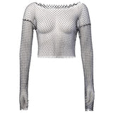 Mojoyce Crystal Diamond See Through Crop Tops Summer Women Hollow Out Beachwear Tops Shiny Sexy Fashion Party Club Top