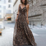 Mojoyce Vintage Leopard Print Long Women Dress Sexy V-Neck Spaghetti Strap Floor-Length Maxi Female Party Dresses  Plus Size W844
