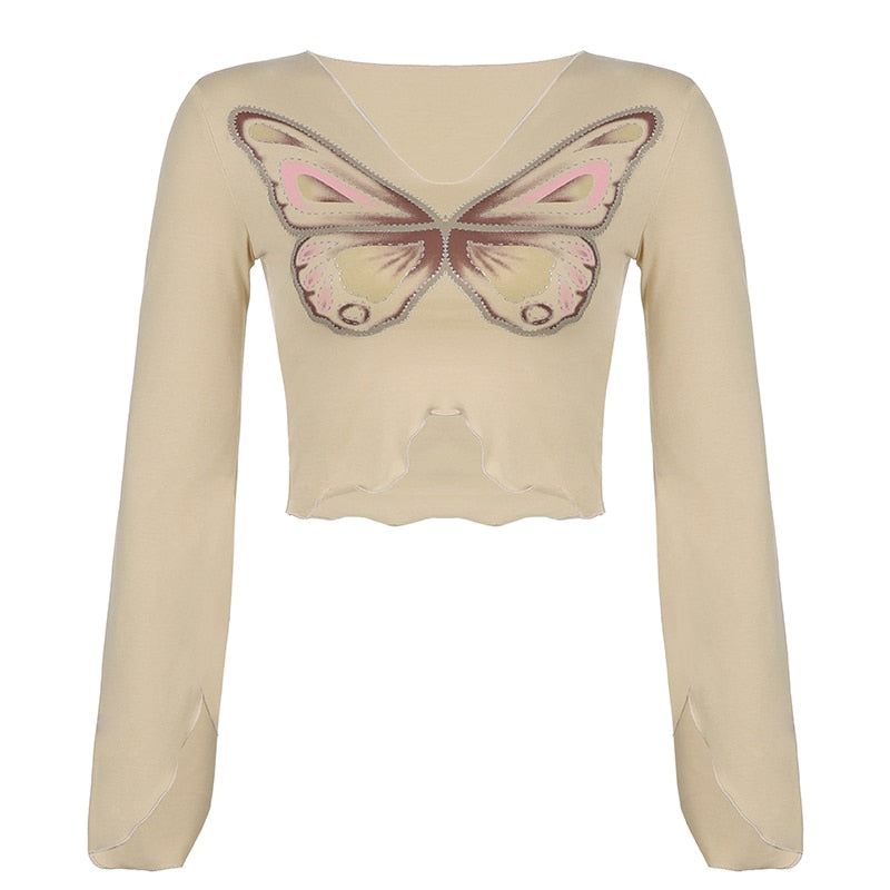 Mojoyce  Fairycore Vintage Butterfly Printed Rhinestone Women T-Shirts Fashion Cute Top Asymmetric Autumn Tshirt Tee Aesthetic