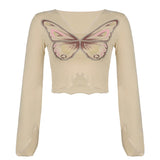 Mojoyce  Fairycore Vintage Butterfly Printed Rhinestone Women T-Shirts Fashion Cute Top Asymmetric Autumn Tshirt Tee Aesthetic