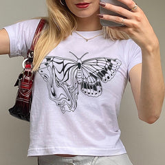 Mojoyce 2000s vintage short-sleeved T-shirt y2k aesthetic butterfly graphic print  slim crop top women's streetwear Harajuku basic Tee