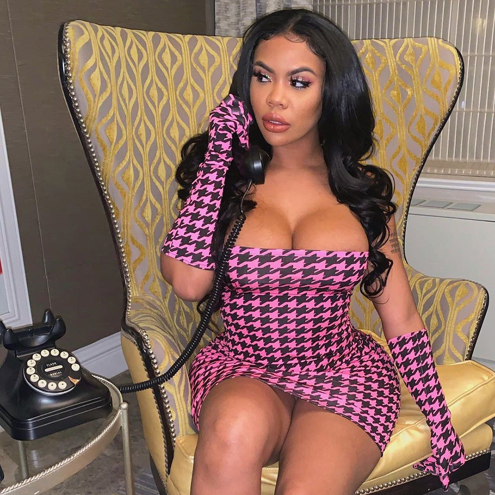 Mojoyce Houndstooth Print Mini Dress Hot Pink Strapless Off Shoulder Bodycon Dress With Gloves for Birthday Party Club ASDR60668