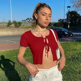 Mojoyce Cropped Top Lace up Short Sleeve Hollow out Front Split Hem O-Neck Slim Women Fashion Summer New Sexy Streetwear