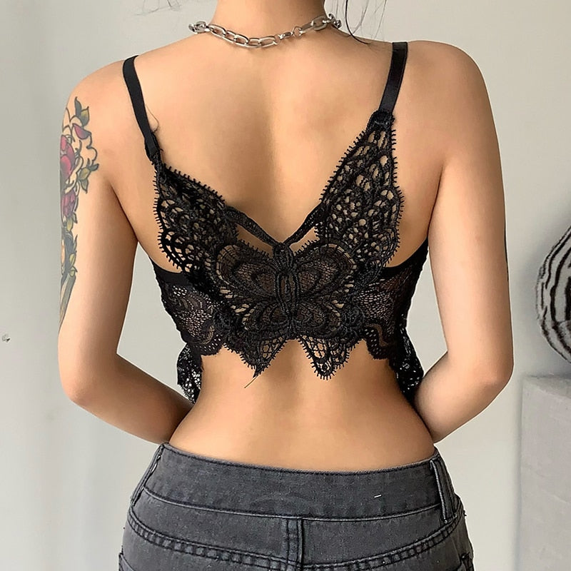 Mojoyce Fashion Chic Black Butterfly Lace Tops Ladies Backless Elegant Transparent Sexy Cropped Tank Top Gothic Summer Vest