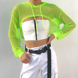 Mojoyce   Streetwear Neon Green Mesh Fishnet Top Women Tshirt Perspective Smock Long Sleeve Women's T-Shirts Sexy Cropped Shirt