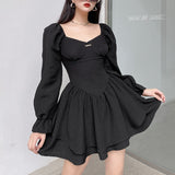 Mojoyce Fashion Elegant Puff Sleeve Black Dress Women Corset Autumn Pleated Sexy Party Dress Mini Double Layer Ruched Clothes